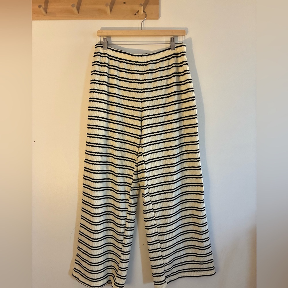 SHEIN Cream Knit Wide-Leg Pants with Black Stripes